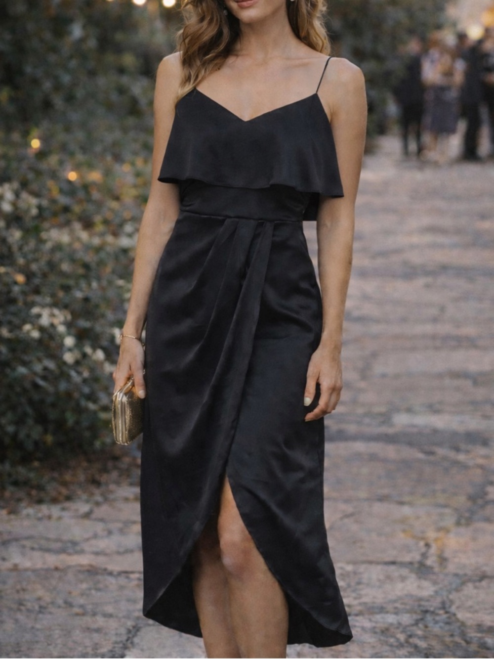 Black Satin Midi Dress Spaghetti Strap Ruffle Overlay Tulip Hem Cocktail Party M